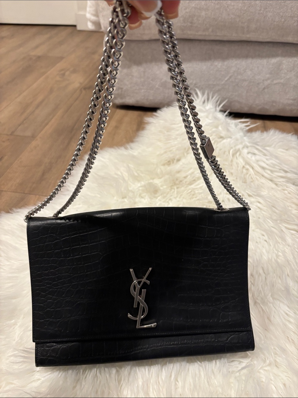 Yves Saint Laurent Black Croc-Embossed Chain Wallet with Silver Hardware - Picture 5 of 10